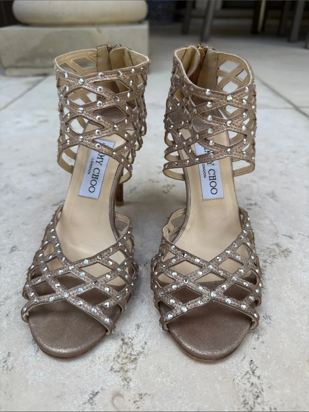 Jimmy Choo Rose Gold Crystal Lattice High-Heel Sandals - Picture 1 of 5